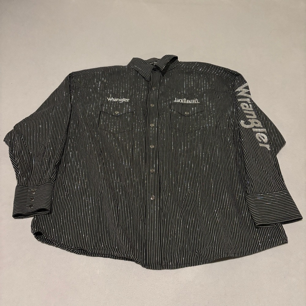 Wrangler Jack Daniels‎ Mens XXL Western Snap Shirt Black Silver Pinstripe
